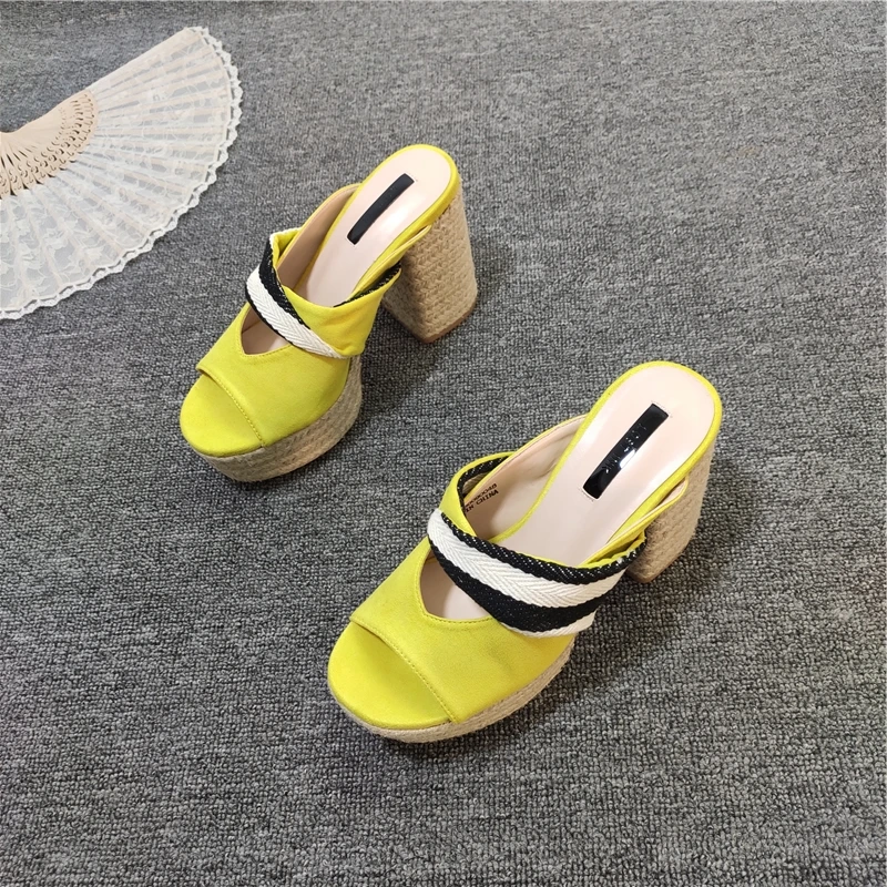 

Shoes Flock Slippers Heels Big Size Slides Square heel Platform High Sliders Rubber PU Super Hoof Square heel Shoes Slippers
