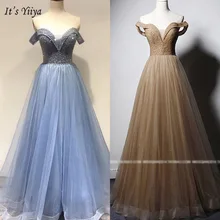It's Yiiya Evening Gowns Boat Neck Short Sleeve A-Line Women Party Dresses Beading Off Shoulder Floor-Length Robe De Soiree V090