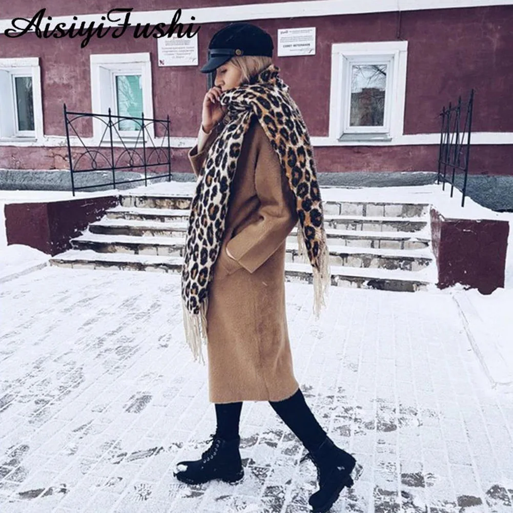 Bohisen winter accessories Woman's Fashion Leopard Print knitting Scarf Soft Warm Large Size with Tassel Ornaments Scarf Shawl
