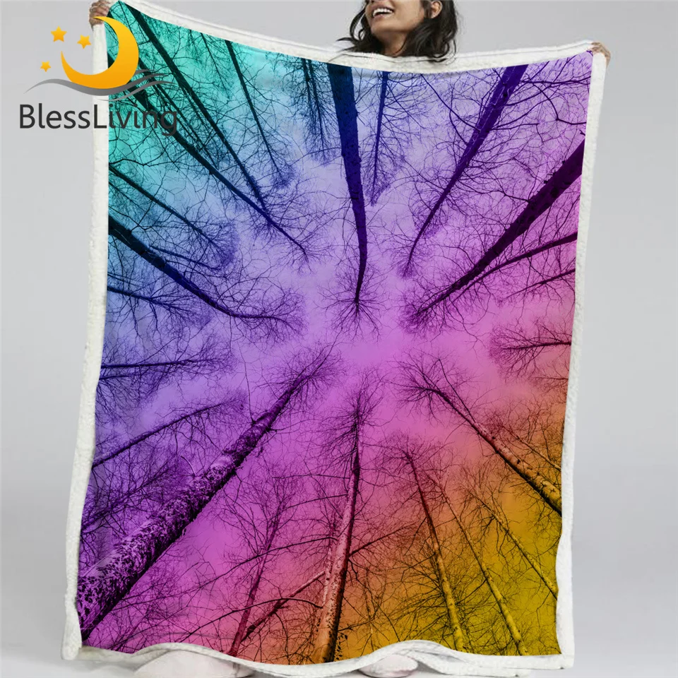 

BlessLiving Forest Fluffy Blanket Woodland Tree Bole Blankets For Beds Rainbow Bedding Colorful Sky Nature Beauty Koce Drop Ship