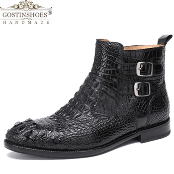

Gostinshoes Handmade Goodyear Welted Genuine Crocodile Skin Black Dark Brown Leather Outsole Pointed Toe Zipper Luxury Men Boots