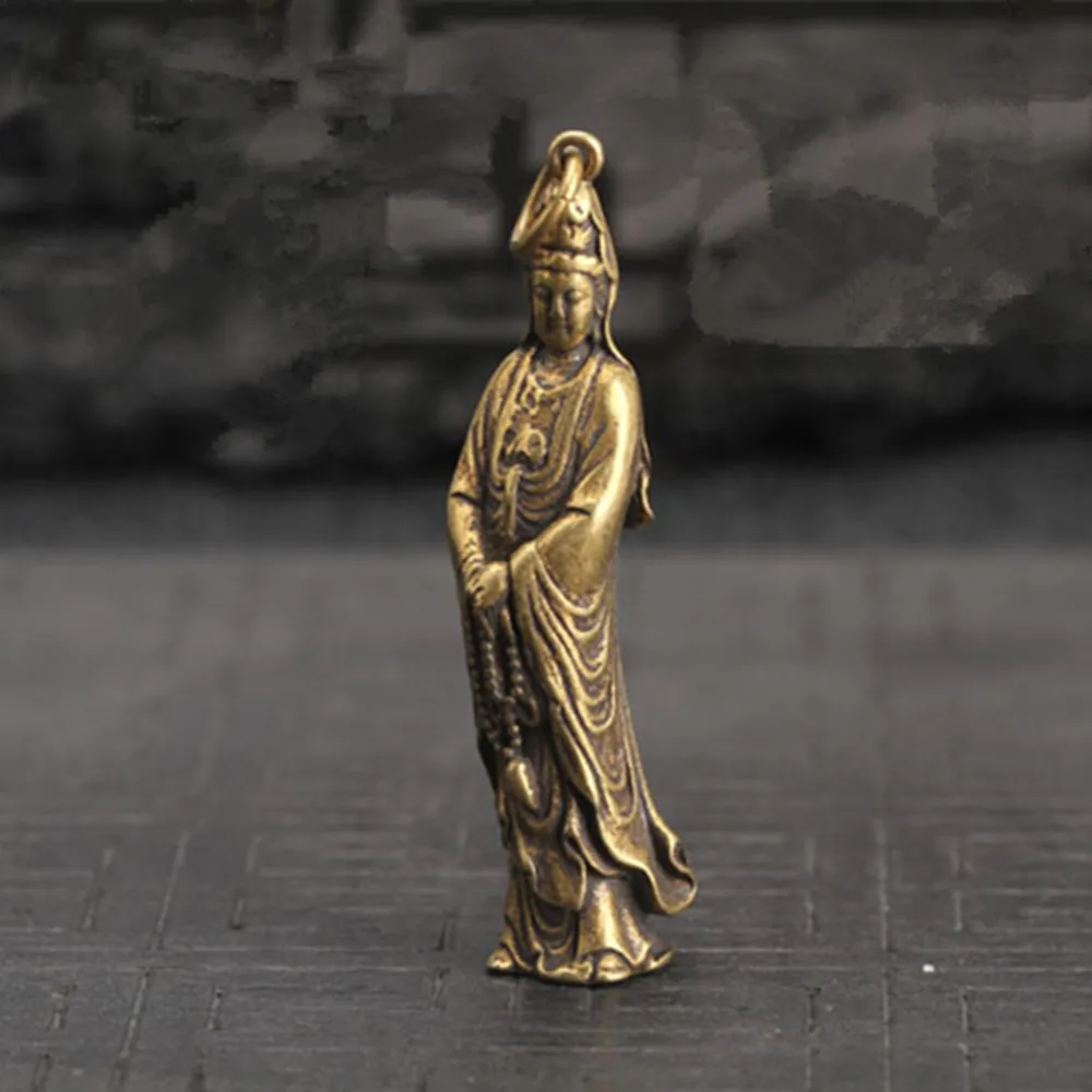 Chinese Old Collection Handwork Brass Guanyin Bodhisattva Pocket Statue