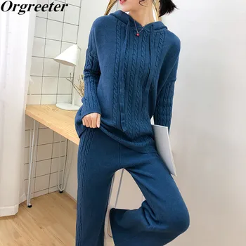 

Woman Twist Sweater Suits Casual Knit Tracksuit Hoodes Sweashirt Pullovers Tops +Wide leg pants Two Piece Sets Female Outfits