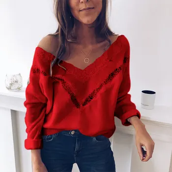 

VICABO Women Sweaters Big-V-Neck Long Sleeve Solid Color Off Shoulder Sexy Jumper Hollow Out Casual Elegant Female Knit Sweater