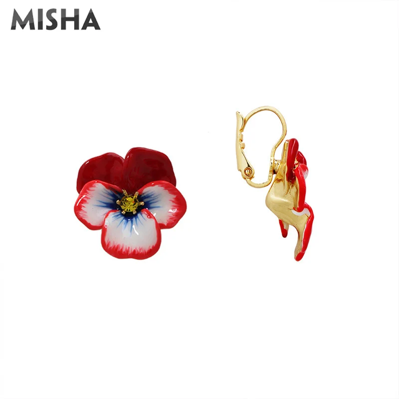 Hook Earrings MISHA, новые женские ювелирные наборы, эмалированная глазурь, красные анютины глазки, брошь и серьги, высокое качество, ручная работа, Свадебные Ювелирные наборы 2049 - Окраска металла: Hook Earrings