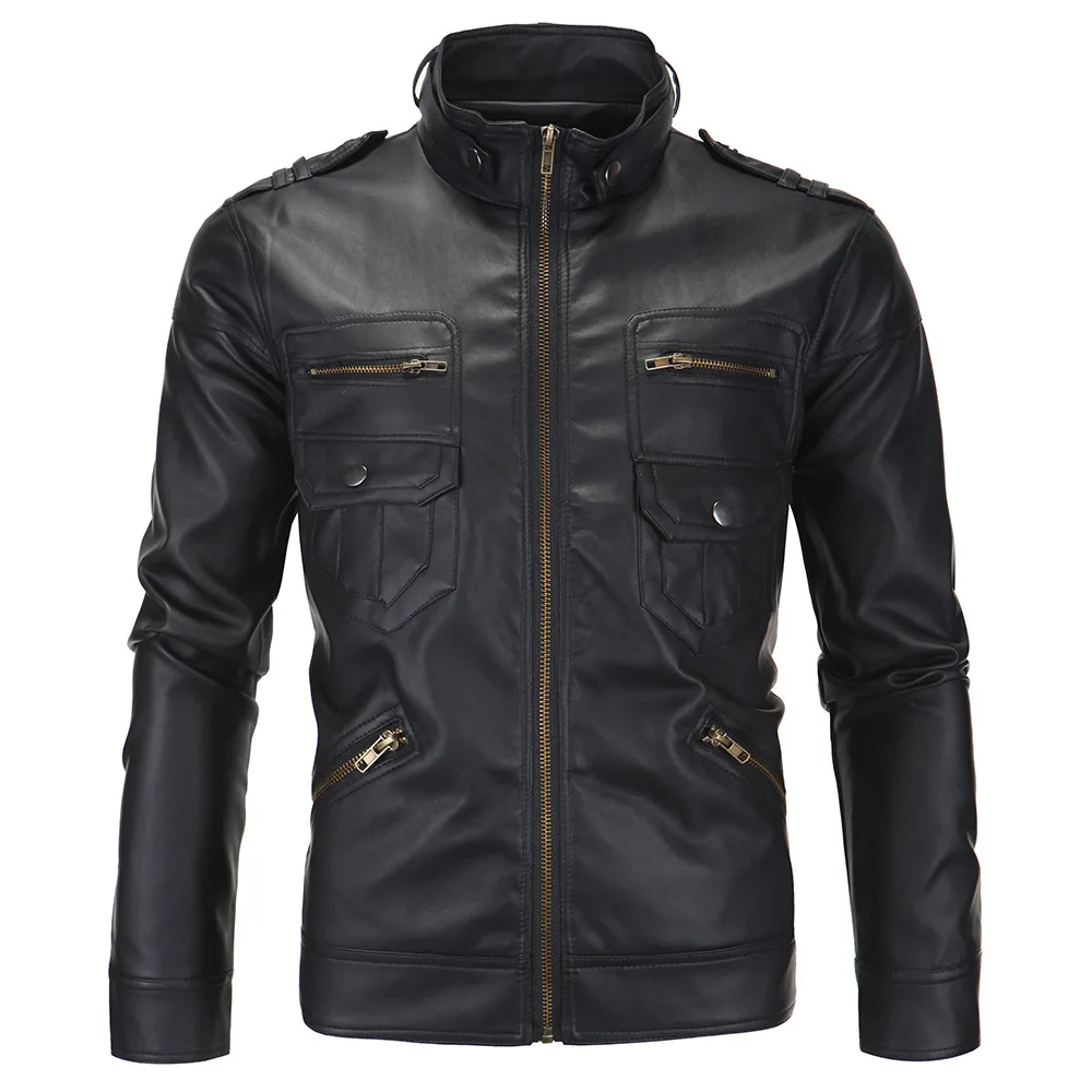 

2019 Autumn New Style Men's PU Leather Europe And America Men Slim Fit Stand Collar Locomotive Leather Coat