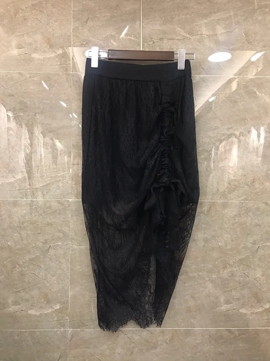 

2019 Early Autumn New Woman Elastic Waist Lace Stitching Knitting Decoration Mid-long Half-length Skirt 827
