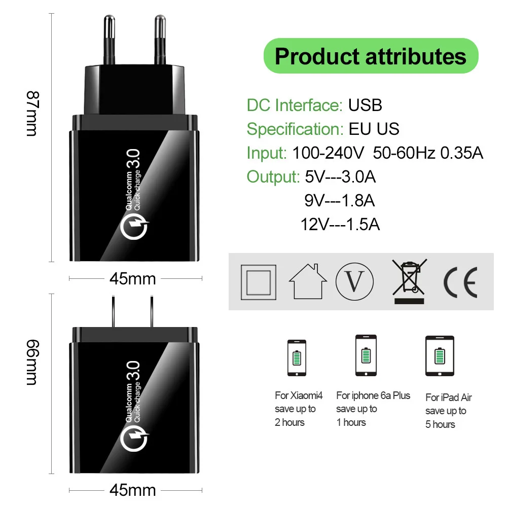 Зарядное устройство USB quick charge 3,0 для iPhone X 8 samsung S9 Xiaomi 9 huawei mate 20 p30, зарядное устройство для мобильного телефона с поддержкой DASH VOOC QC3.0