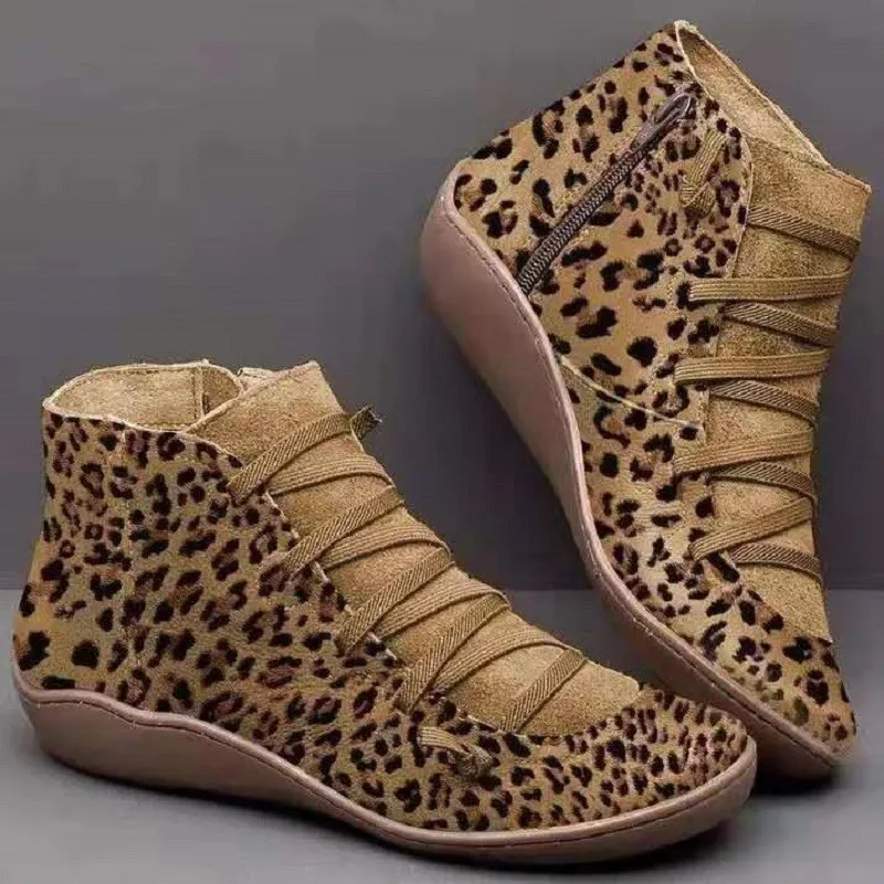 Zapatos planos de tacón bajo para mujer, zapatillas informales a la moda para exteriores, zapatos con impresión de leopardo, con cordones, Big43