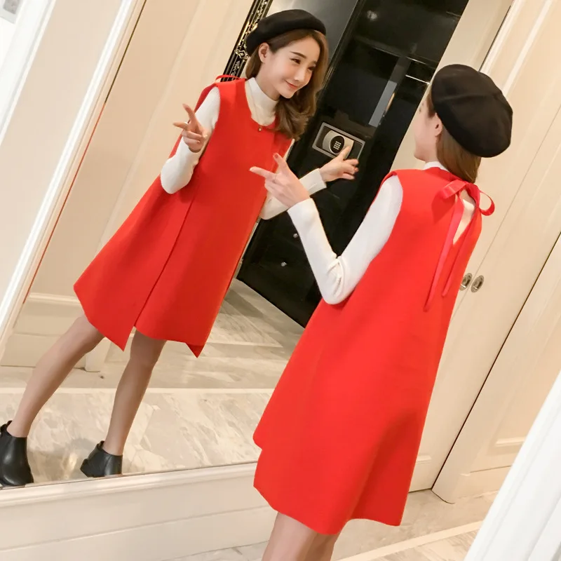 

Autumn And Winter Korean-style Woolen Vest Mid-length Pregnant Women Dress Base Sweater Two-Piece Set