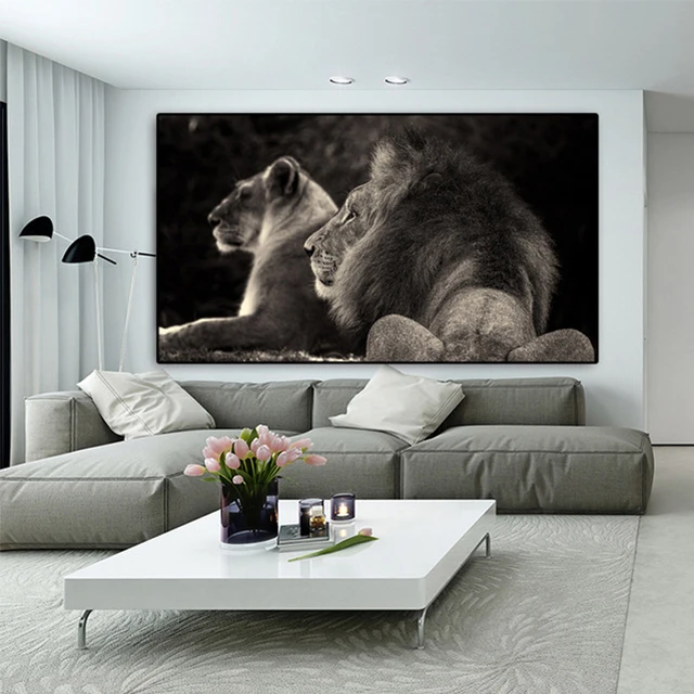 

Black Two Lion Wild Animals Canvas Painting Posters and Prints Quadro Wall Art Picture for Living Room Cuadros Home Decoration