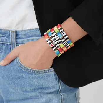 

2019 Alloy Paint Letter Love Beads Bracelet Rainbow Tile Bracelet Bohemian Stackable Stretch Bracelets For Women Gifts