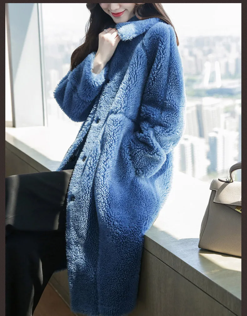 Синее меховое пальто из овечьей шерсти, женская зимняя Новинка, европейские товары, длинное бархатное пальто