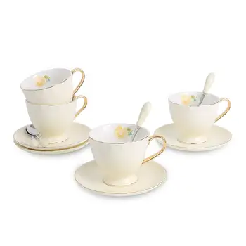 

ARTVIGOR 4-Piece Durable Gold Plated Rims&Handle Porcelain Tea Coffee Cups and Saucers Sets Service for 4person