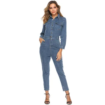 

Denim Long-sleeved Cropped Trousers Jumpsuits with Belt Lapels High Waist Autumn Fashion Women's Tight Jumpsuit