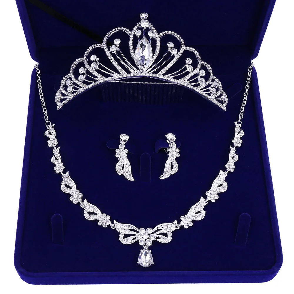 

Sliver Plated Rhinestone Crystal Faux Pearl Necklace+Earring Jewelry Set For Bride Bridal Wedding