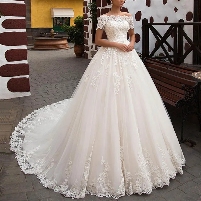 

Белое Кружевное бальное платье с аппликацией, дешевые свадебные платья 2019, свадебные платья с открытыми плечами и короткими рукавами, свадебные платья