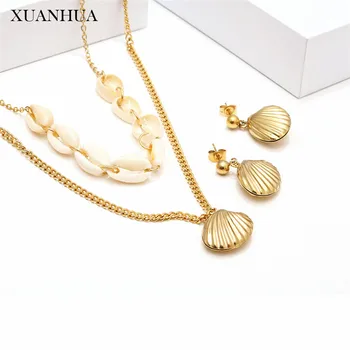 

XUANHUA Shell Multi Layer Necklace Earrings Set Conch Stainless Steel Jewelry Sets Women Accessories Fashion Jewelry