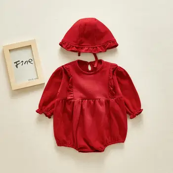 

2020 New Autumn Baby Bodysuits Newborn Jumpsuit+hat Infant Girls Bodysuits Long Sleeve Red Baby Girls Clothes