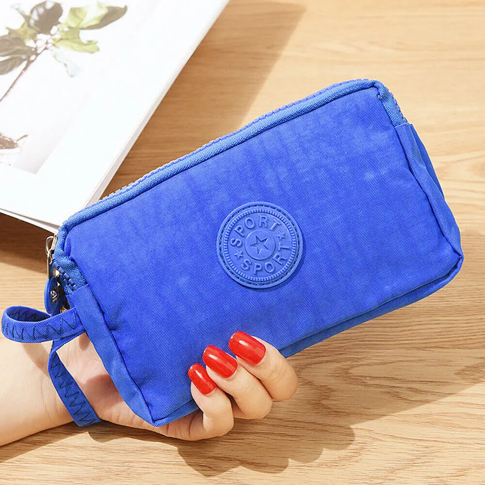Women Solid 3 Layer Canvas Coin Purse Card Zipper Wallet Holder Phone Bag Portable Solid Coin Purses - Цвет: Синий