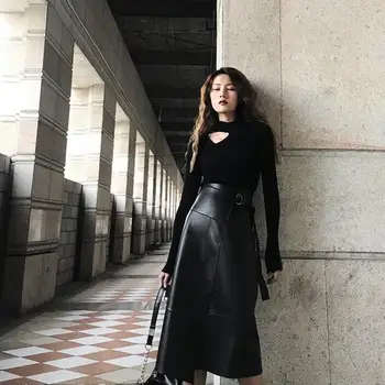 

2020 Women Spring Autumn Retro Elegant Temperament New Style Black Soild Color PU Skirt Loose Casual Split Midi Skirt Fashion