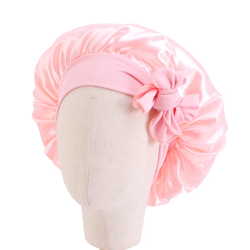 Baby Satin Bonnet With Tie Wide Stretchy Band Soild Color Child Headwrap High Elastic Night Sleep Hat Soft Headcover Chemo Cap