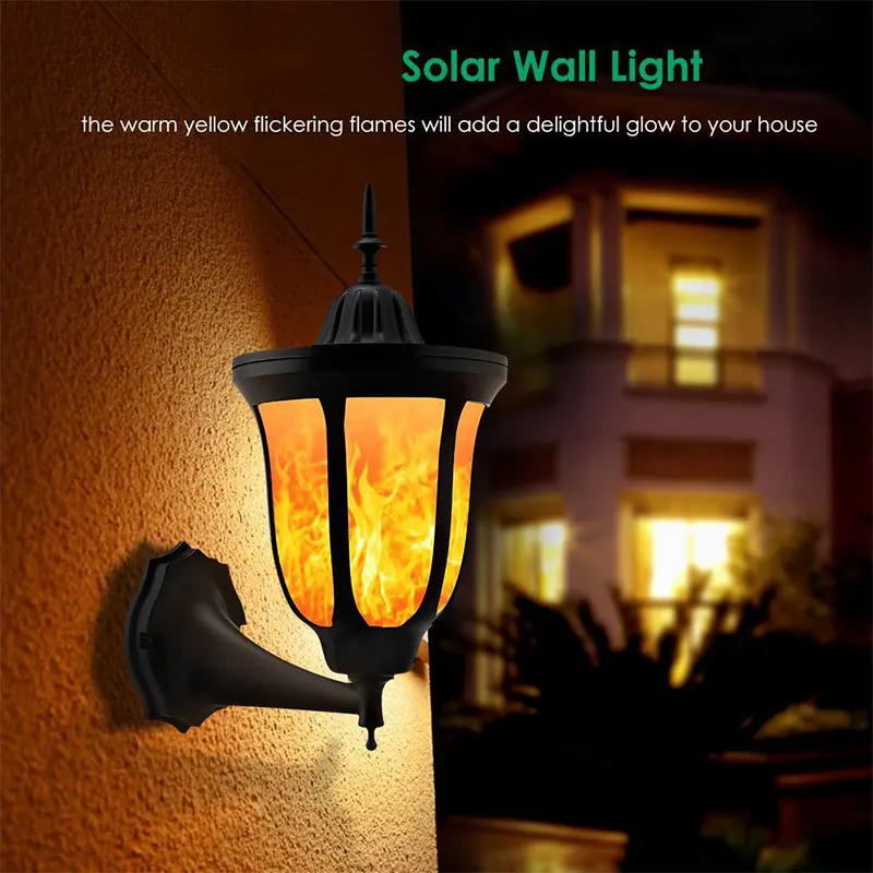 Solar Light Wall LED Solar Power Flame Wall Light Porch Lamp for Outdoor Waterproof IP65 Energy Lamp for Yard Path Garden Decor