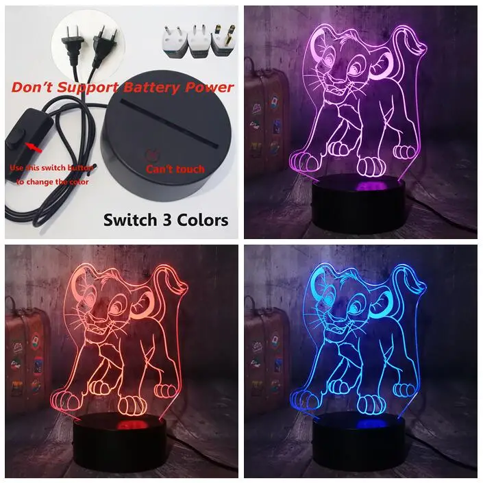 Switch one 3 Color Милый мультфильм Король Лев маленький Simba светодиодный 3d-ночник RGB 7 цветов Настольная лампа домашний декор для детей и мальчиков Рождественский подарок - Испускаемый цвет: Switch one 3 Color