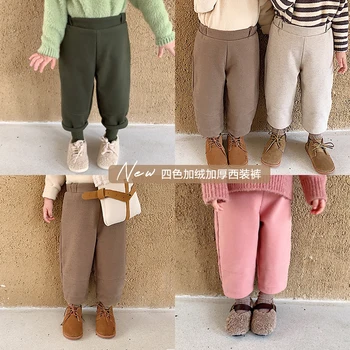 

2019 new children warm trousers baby girls leisure velvet thickening winter trousers kids solid color loose pants