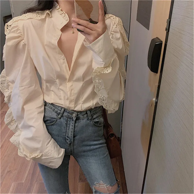RUGOD корейский стиль Шикарный Waveselvedge с длинным рукавом Элегантная блузка женская кружевная Милая рубашка Зимние Топы для женщин Мода