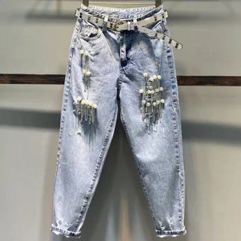 

2020 spring fashion Personalized hole jeans women heavy industry beaded high waist straight loose harem pants