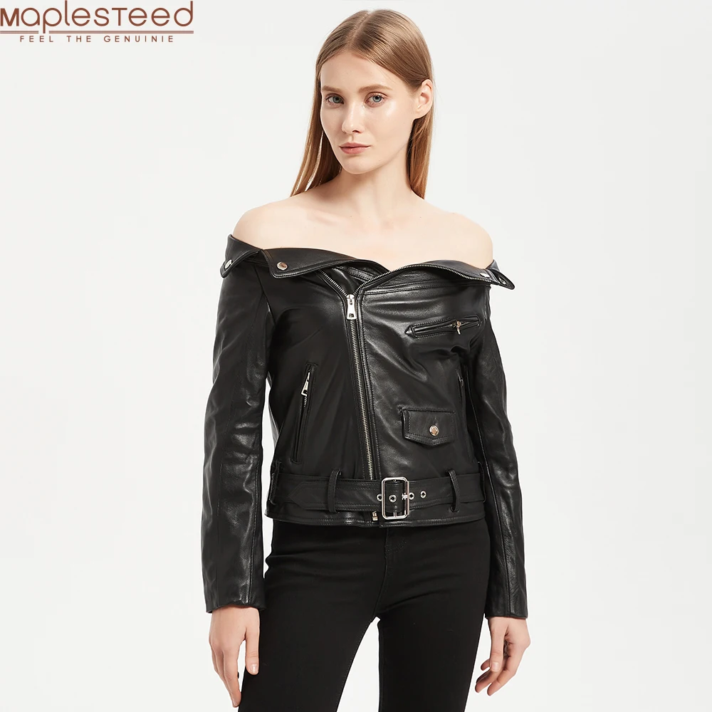 

Maplesteed Womenâ€˜s Leather Jacket Strapless Collar 100% Natural Sheepskin Female Soft Skin Coat Autumn Spring Asian Size M479