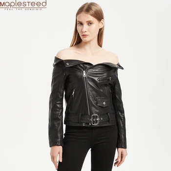 

Maplesteed Women‘s Leather Jacket Strapless Collar 100% Natural Sheepskin Female Soft Skin Coat Autumn Spring Asian Size M479