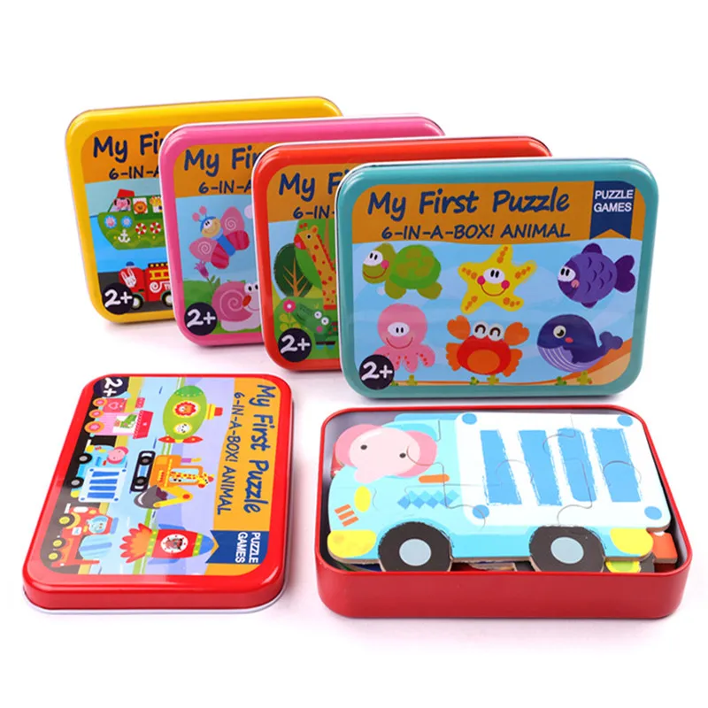 Baby Cartoon 3D Iron Box Wooden Animal/Traffic Puzzles Educational Toy Wooden Puzzle