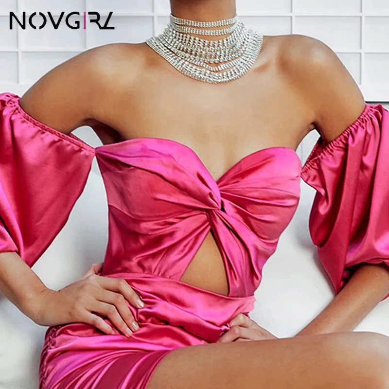 

Novgirl Elegant Off Shoulder Strapless Bodycon Satin Dress Women 2019 Autumn Puff Sleeve Ruched Dress Zipper Sexy Party Dresses