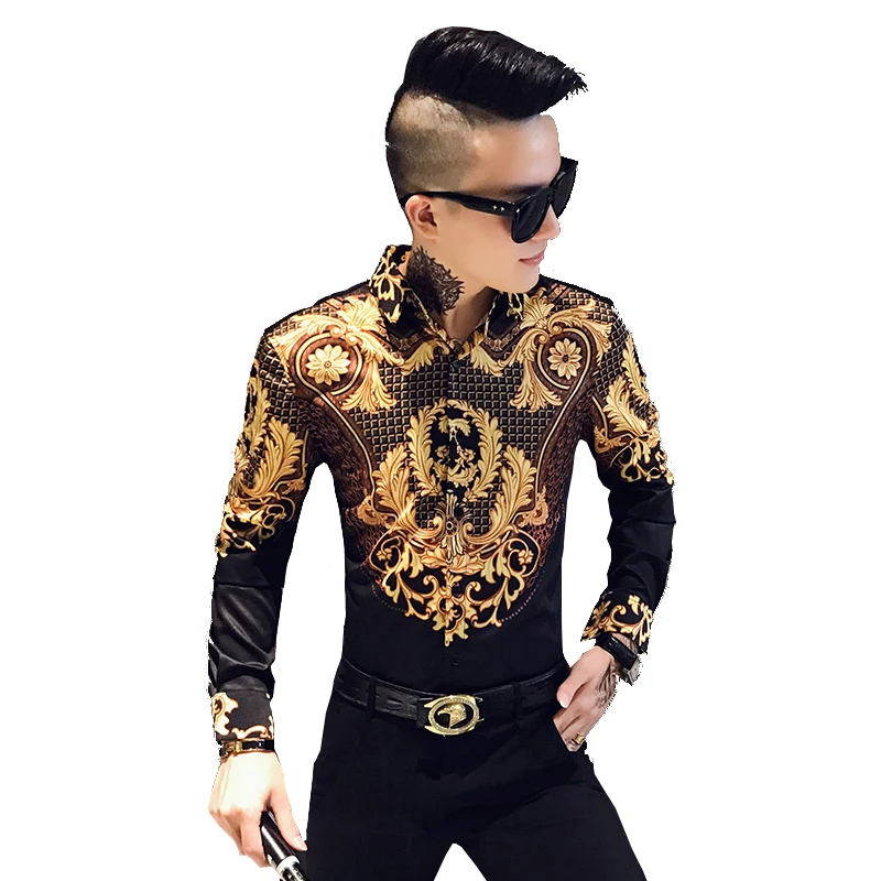 Paisley Black Gold Printed Shirt long sleeve shirt men casual shirt Men's Royal Club Clothing Korean Men's Long Sleeve Slim Long Sleeve Shirt Tuxedo