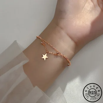 

925 Sterling Silver Small Round Ball Star Bead Statement Rose Gold Color Plated Chain Charm Bracelets Jewelry Gifts for Women