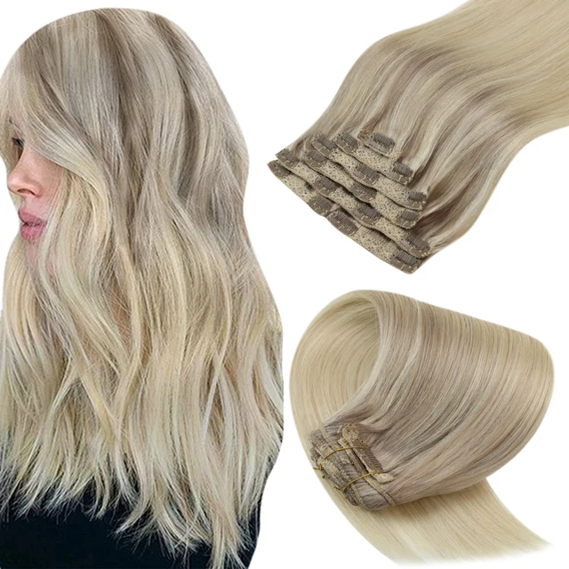 VeSunny Clip in Hair Extension Human Hair Ombre Blonde Remy Seamless Hair Extension Human Hair Brown Balayage Natural Human Hair Nordic