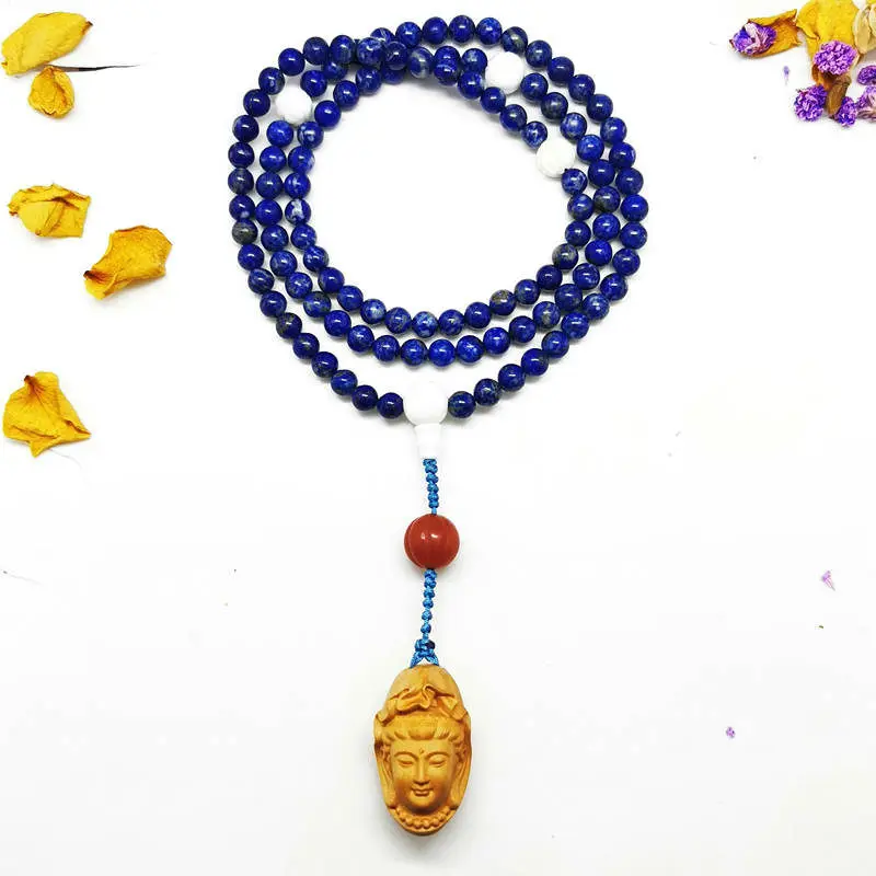 

6 мм чистый натуральный морской лазурит 108 молитвенный бисер Mala Neckalce для леди с деревянным амулетом Гуаньинь BRO506