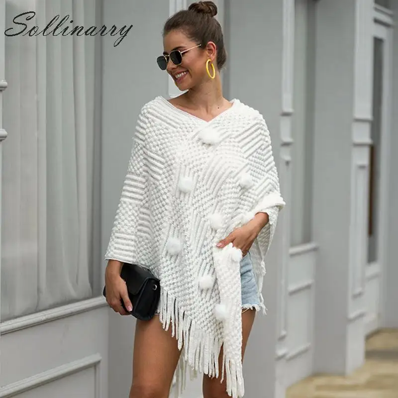 

Sollinarry Outwear Tassel Women Cape Coat Elegant Autumn Winter Hairball Knited Jumpers Female Native Ponchos Pullovers Casual