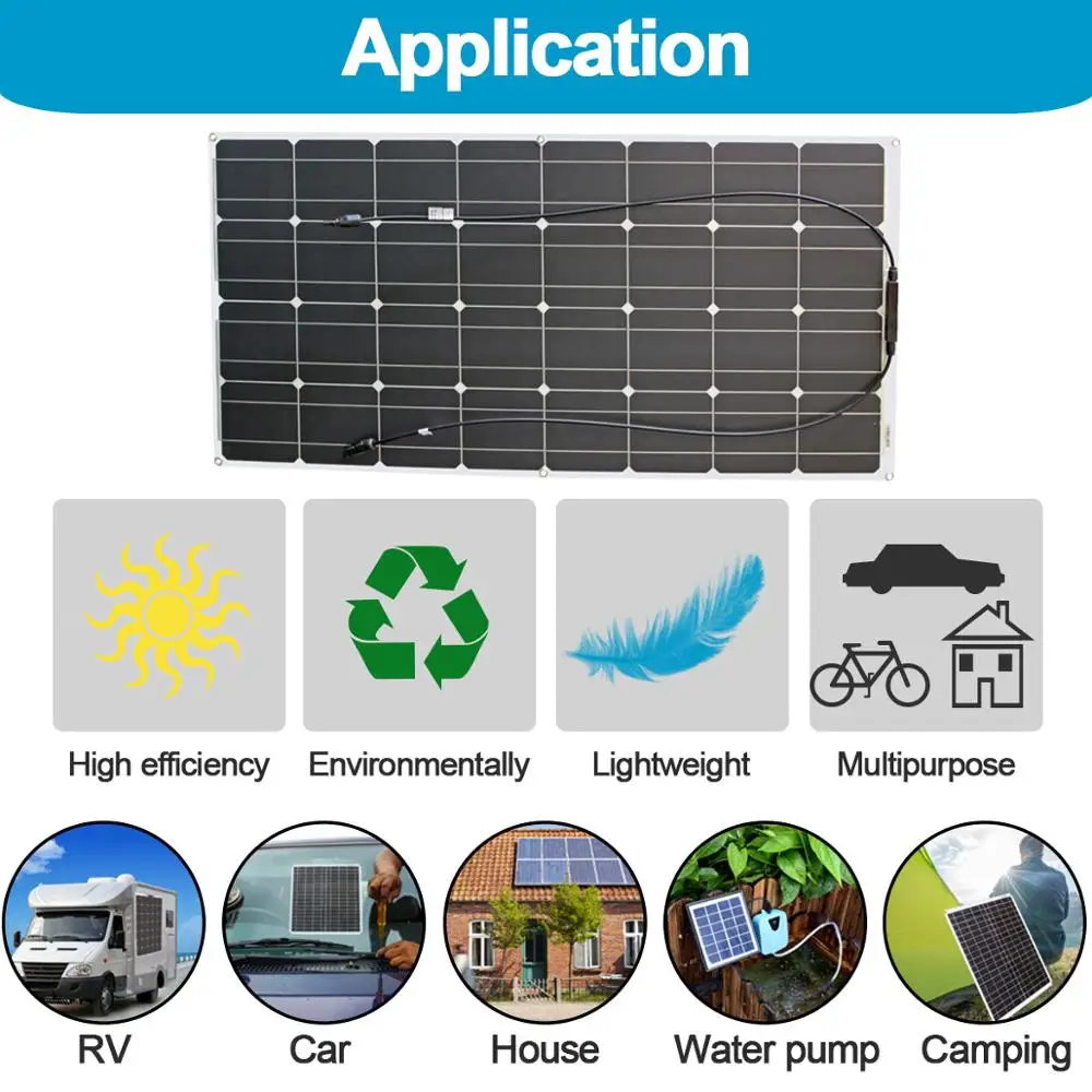 Carregador para rv Painel Solar Flexível 24v 100w Bateria Monocristalina Carro Elétrico Acampamento Iate 1000w 12v - Image 6