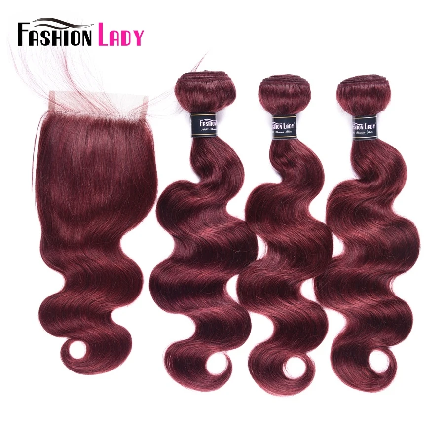 Fashion Lady Pre-Colored Brazilian Hair Bundles 3 Pieces With Lace Closure Bodywave Bundles 99j Bundles With Closure Non-Remy