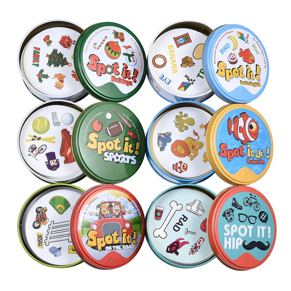 Dobble-cartas de juguete de 16 estilos para niños, caja de hierro, deporte, Go, Camping, cadera, juegos de mesa, regalo, animales, Alphabet123
