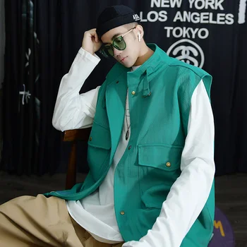 

2019 Autumn New Loose Shoulders Oversize Tide Brand Tooling Large Pocket Printing Vest Fashion Casual Solid Color Jacket