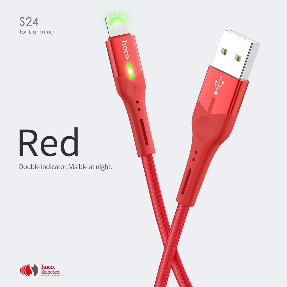 HOCO двойной индикатор светильник для зарядки данных USB кабель для L ightning i Phone 11 Pro X XS XR i Pad 2.4A OTG быстрое зарядное устройство провод Syn - Цвет: Красный