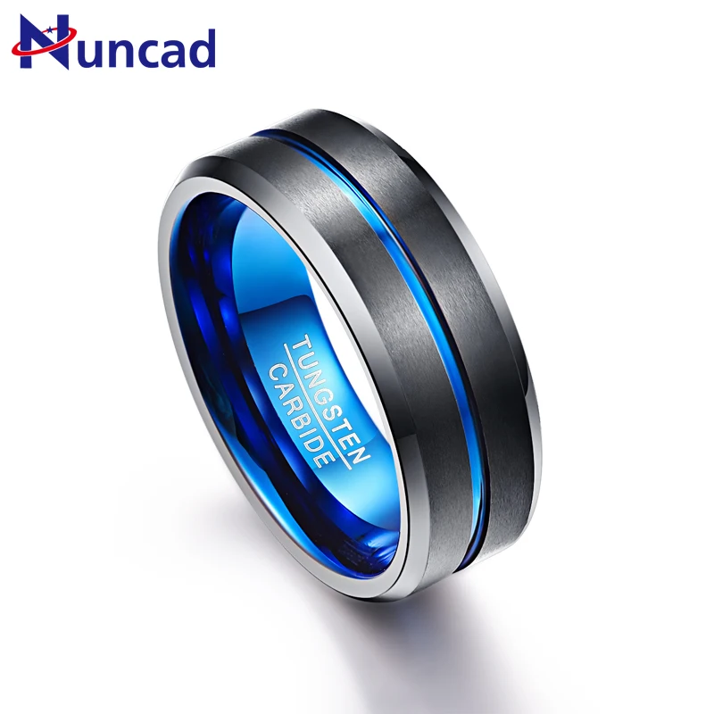 8mm Tungsten Men's Pure Blue with Beveled Silver Edges Band Ring US Free Ship 