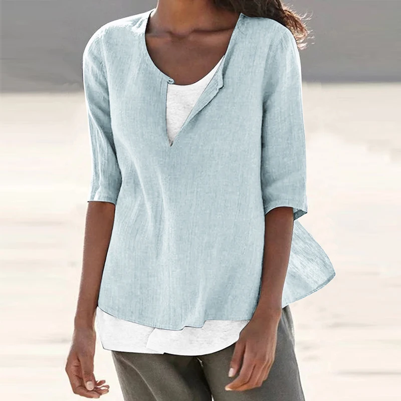 

Women Summer V Neck Half Sleeve Blouse Female Vintage Shirt Plus Size Solid Blusas Tunic Chemise Robe Femme Cotton Linen Tops