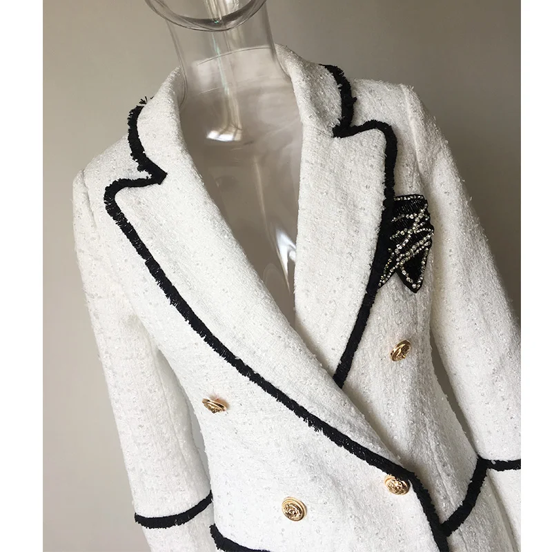 Plus Size XXXL Women High Street Long Jackets Runway Beading Double Breasted Solid Color White Slim Chic Blazers High Quality