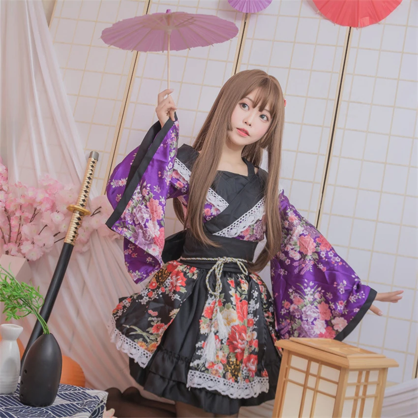 Purple Lovelive/кимоно для девочек; платье японского аниме Kawaii; маскарадные костюмы с цветочным рисунком; причудливая Восточная юката; женская кружевная праздничная одежда в стиле Лолиты - Цвет: Purple