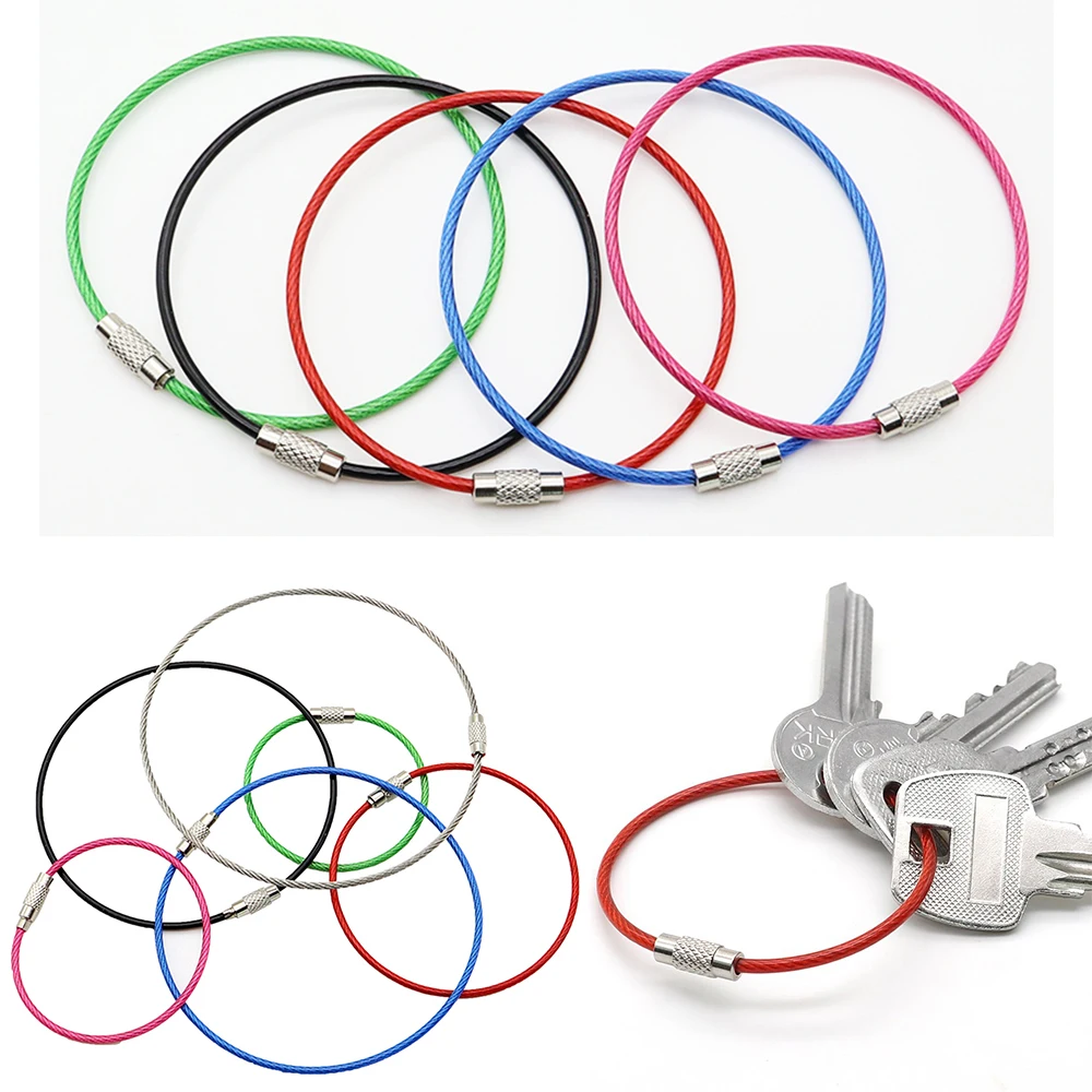 10Pcs 150mm EDC Keychain Tag Rope Stainless Steel Wire Cable Loop Screw Lock Gadget Ring Key